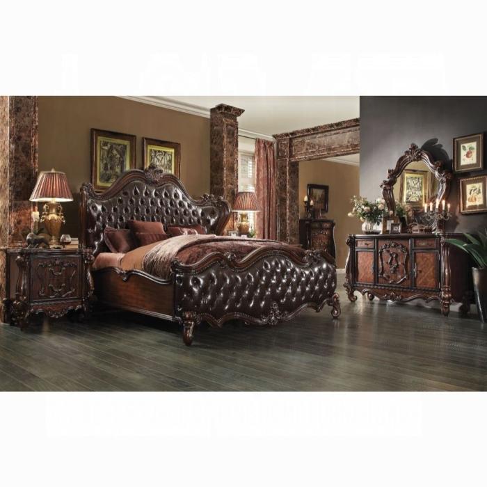 Versailles 2-Tone Dark Brown PU & Cherry Oak Eastern King Bed - Dinettes Plus Furniture