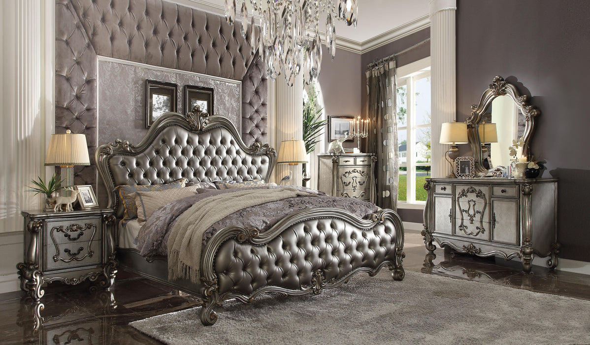 Versailles II Silver PU & Antique Platinum Queen Bed - Dinettes Plus Furniture