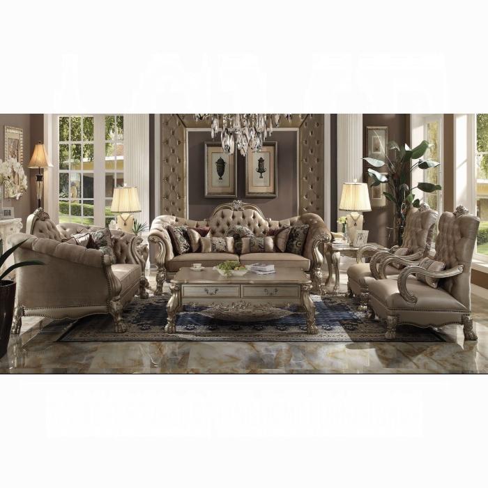 Dresden Bone Velvet & Gold Patina Sofa w/7 Pillows - Dinettes Plus Furniture