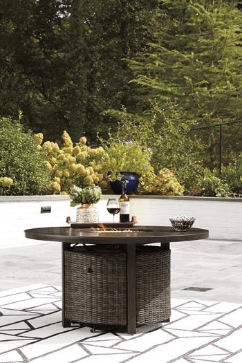 Paradise Trail Paradise Trail Fire Pit Table with 4 Nuvella Swivel Lounge Chairs - Dinettes Plus Furniture
