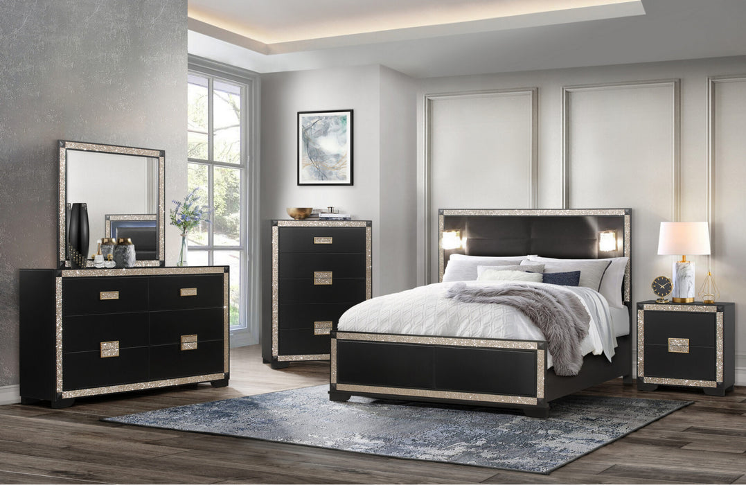 Blake Black-Gold Bed With Lamps-Dresser-Mirror And Nightstand