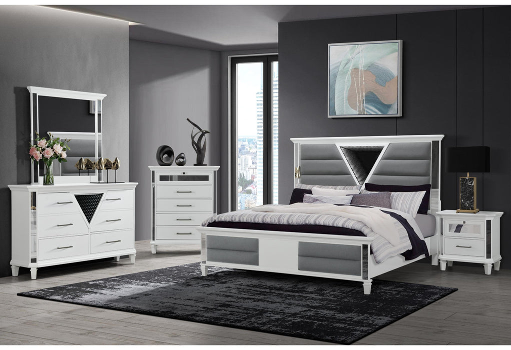MARCO METALLIC WHITE QUEEN BED GROUP WITH LED 3D MIRROR