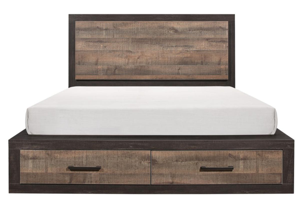 Miter Queen Platform Bed with Footboard Storage in Rustin Mahogany & Dark Ebony 1762-1* - Dinettes Plus Furniture