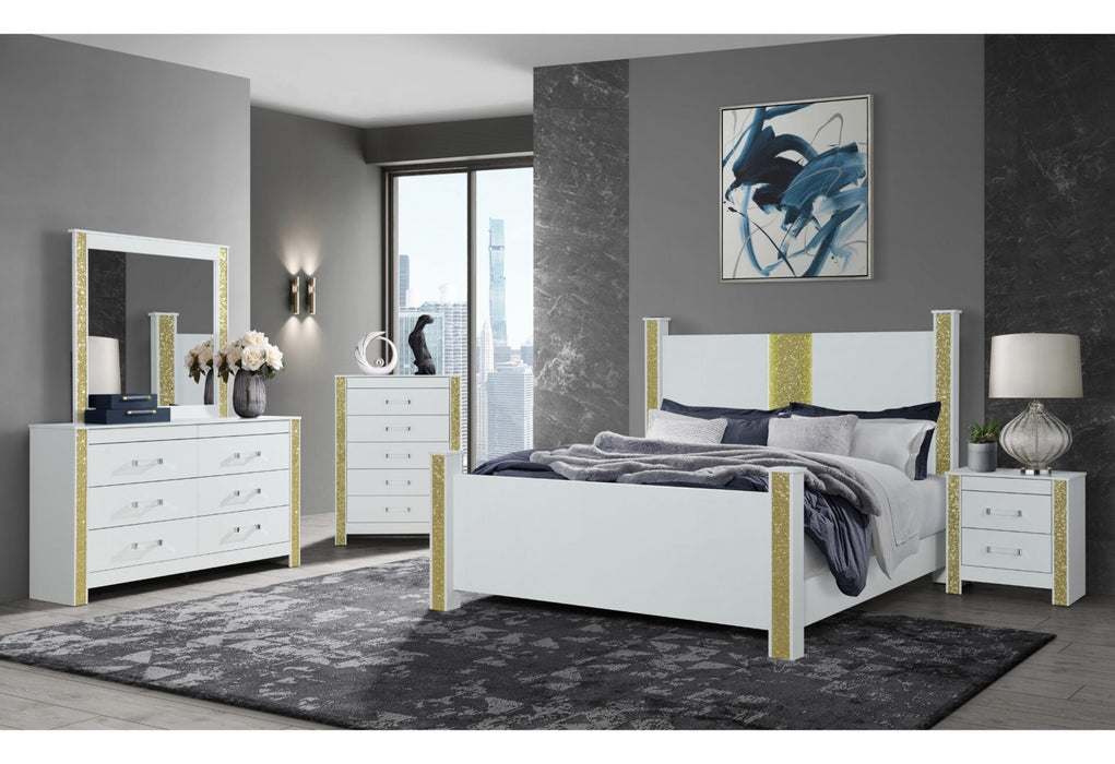 Logan White-Gold Queen Bed-Dresser-Mirror And Nightstand