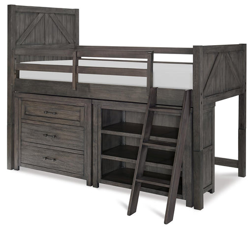 Legacy Classic Kids Bunkhouse Mid Loft Bed w/Single Dresser & Bookcase in Aged BarnwoodK image