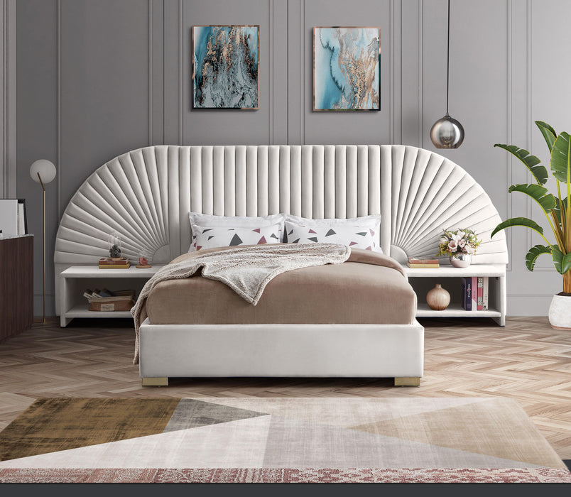 Cleo Cream Velvet Queen Bed (3 Boxes) - Dinettes Plus Furniture