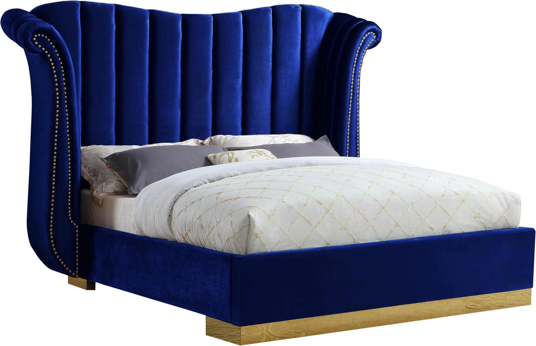 Flora Navy Velvet Queen Bed (3 Boxes) - Dinettes Plus Furniture