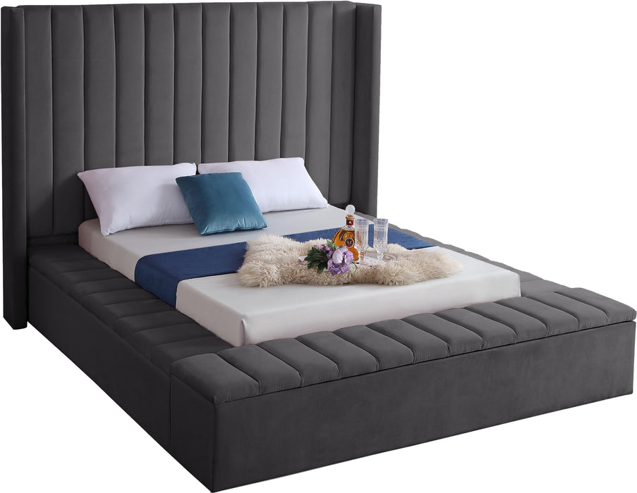 Kiki Grey Velvet Queen Bed (3 Boxes) - Dinettes Plus Furniture