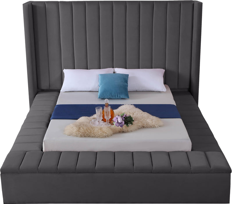 Kiki Grey Velvet Queen Bed (3 Boxes) - Dinettes Plus Furniture