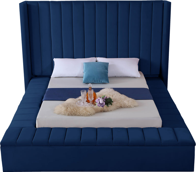 Kiki Navy Velvet Queen Bed (3 Boxes) - Dinettes Plus Furniture