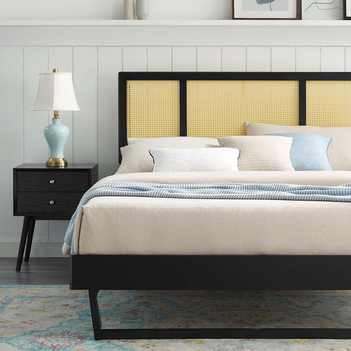 Kelsea Cane and Wood Queen Platform Bed With Angular Legs