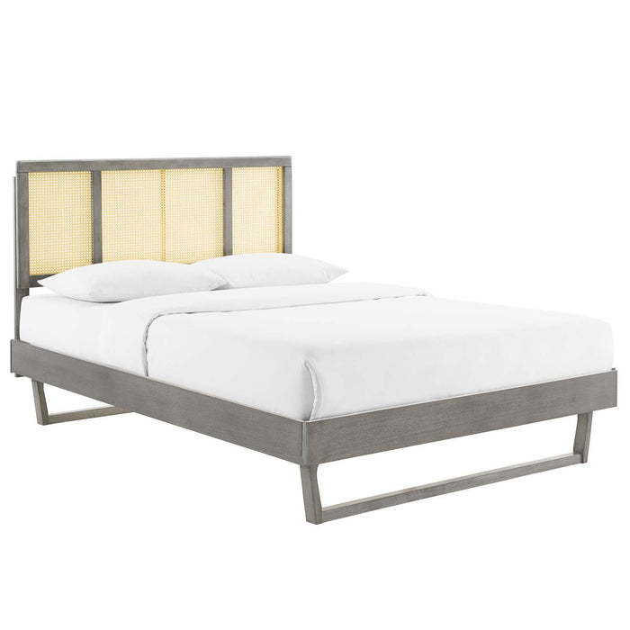 Kelsea Cane and Wood Queen Platform Bed With Angular Legs