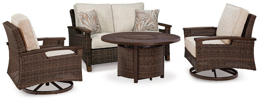 Paradise Trail Outdoor Loveseat, Lounge Chairs and Fire Pit Table - Dinettes Plus Furniture