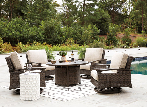 Paradise Trail Paradise Trail Fire Pit Table with 4 Nuvella Swivel Lounge Chairs - Dinettes Plus Furniture