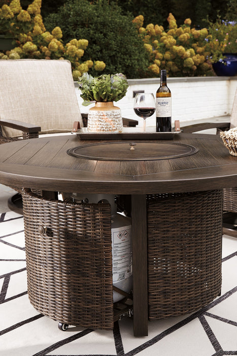 Paradise Trail Paradise Trail Fire Pit Table with 4 Nuvella Swivel Lounge Chairs - Dinettes Plus Furniture