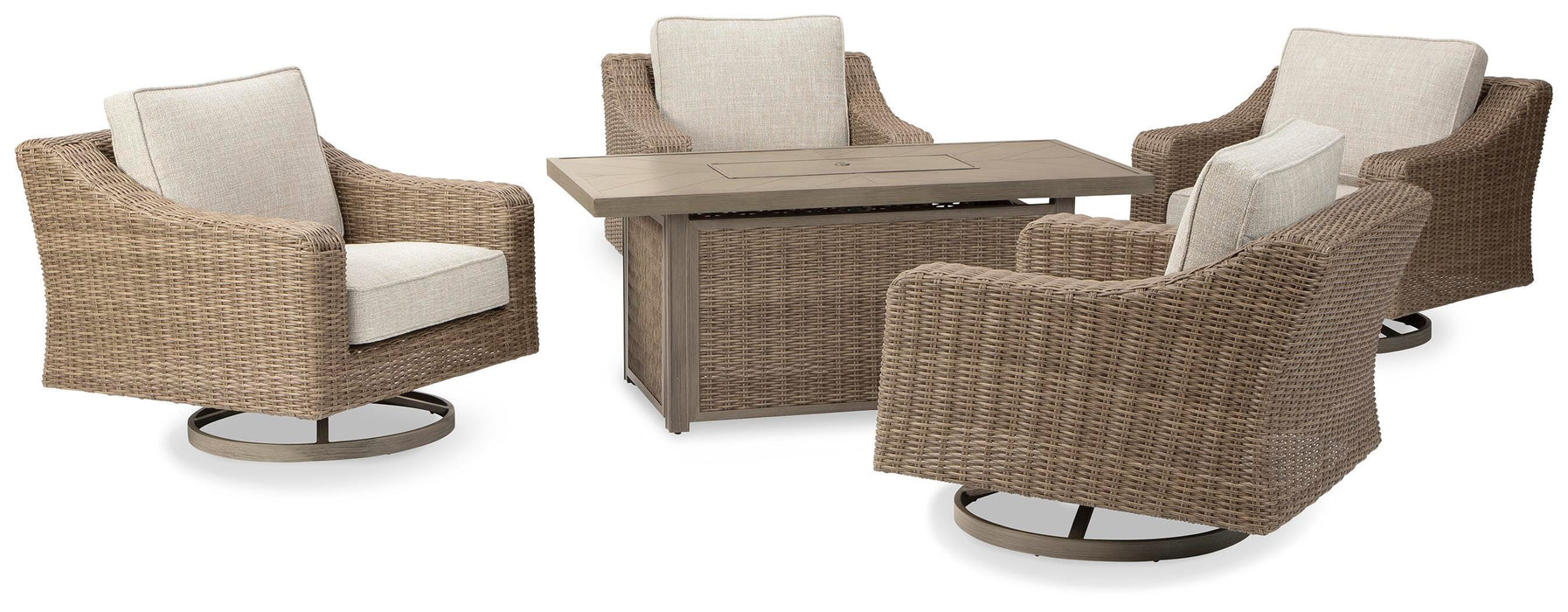 Beachcroft Beachcroft Fire Pit Table with Four Nuvella Swivel Lounge Chairs - Dinettes Plus Furniture